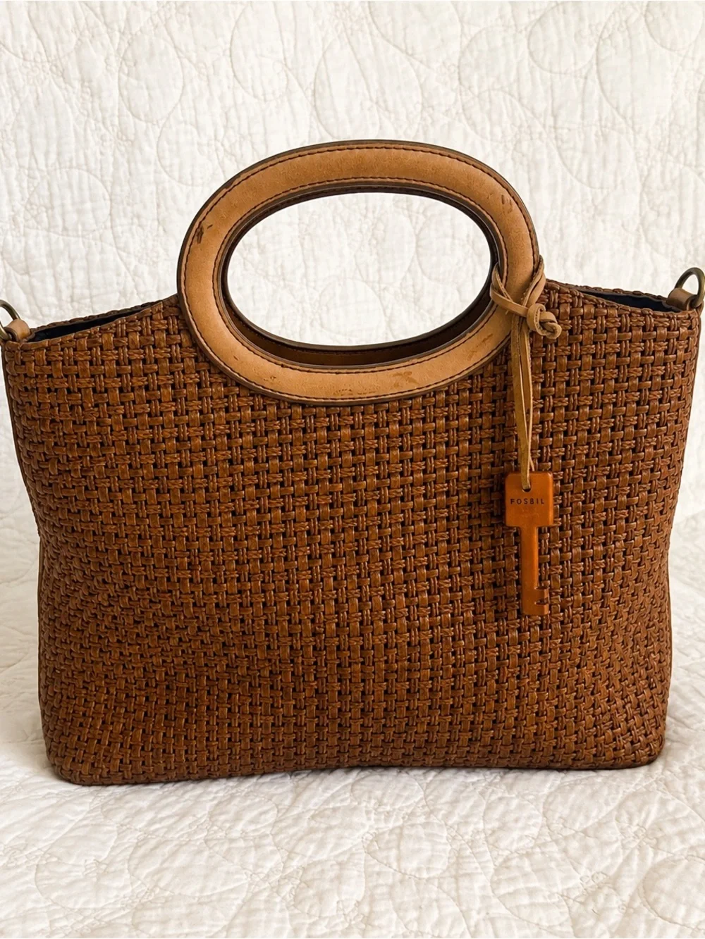 Fossil Woven Leather Tote Bag Brown Top Handle Satchel Crossbody Summer - Picture 1 of 7